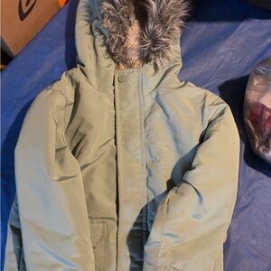 Kids Green Hooded Jacket with Faux Fur Trim